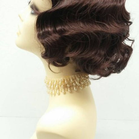 WIG HUMAN HAIR 1920'S STYLE SHORT DARK AUBURN FINGER WAVE WIG. VINTAGE STYLE COSTUME WIG. [04-12