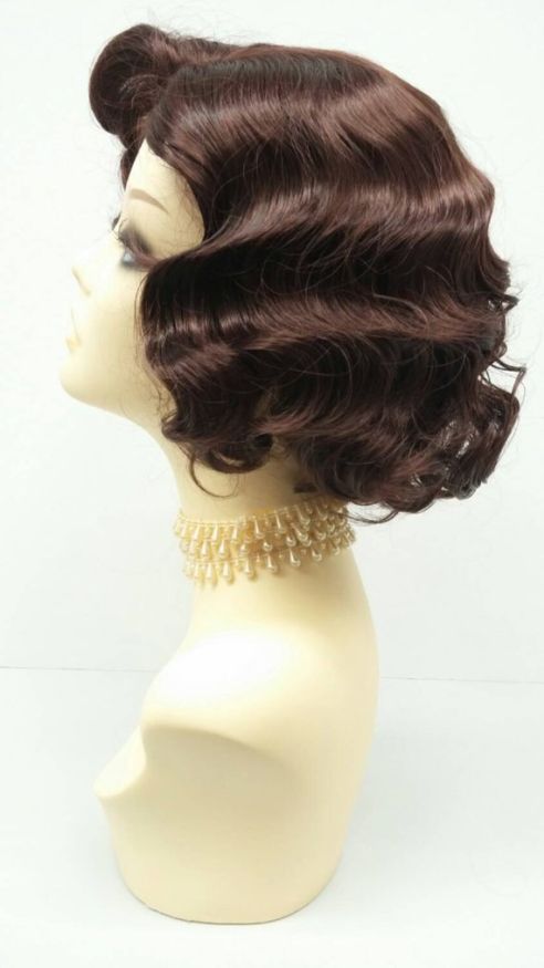 WIG HUMAN HAIR 1920'S STYLE SHORT DARK AUBURN FINGER WAVE WIG. VINTAGE STYLE COSTUME WIG. [04-12