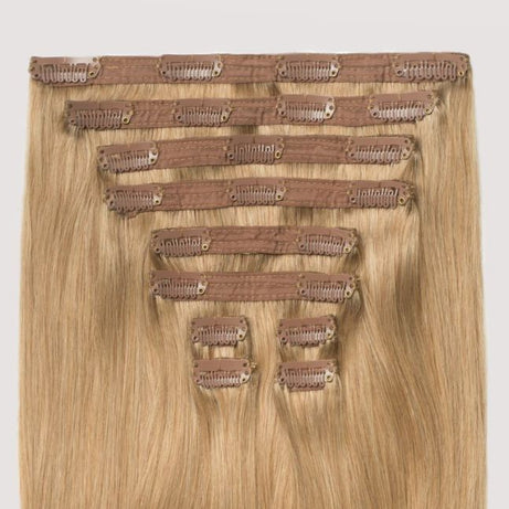 HAIR CLIP IN HAIR EXTENSIONS STRAIGHT 18 INCHES WARM BLOND 14 HUMAN HAIR