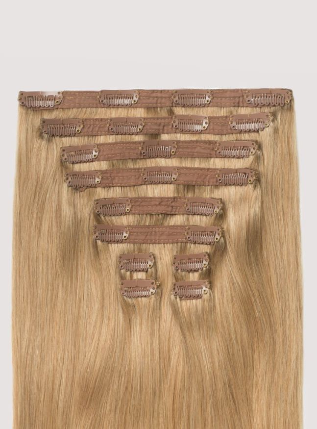 HAIR CLIP IN HAIR EXTENSIONS STRAIGHT 18 INCHES WARM BLOND 14 HUMAN HAIR