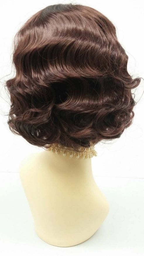 WIG HUMAN HAIR 1920'S STYLE SHORT DARK AUBURN FINGER WAVE WIG. VINTAGE STYLE COSTUME WIG. [04-12