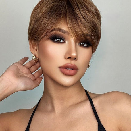 Human Hair medium With Bangs Light Brown Capless  Auburn 10 inch